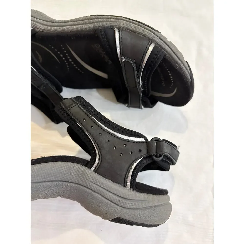 Abeo Goleta Sandals Black Silver Trim Leather Comfort Thong Womens 6 Narrow